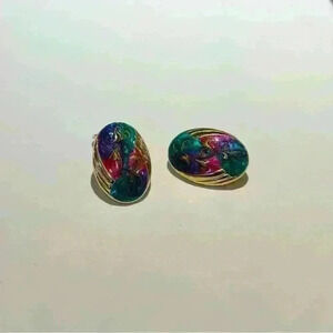 Vintage Enamel Gold Color Swirl Oval Clip-On Earrings